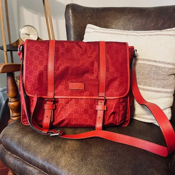 GUCCI Nylon Monogram Double Buckle Flap Messenger Bag Vibrant Red - Picture 3 of 16